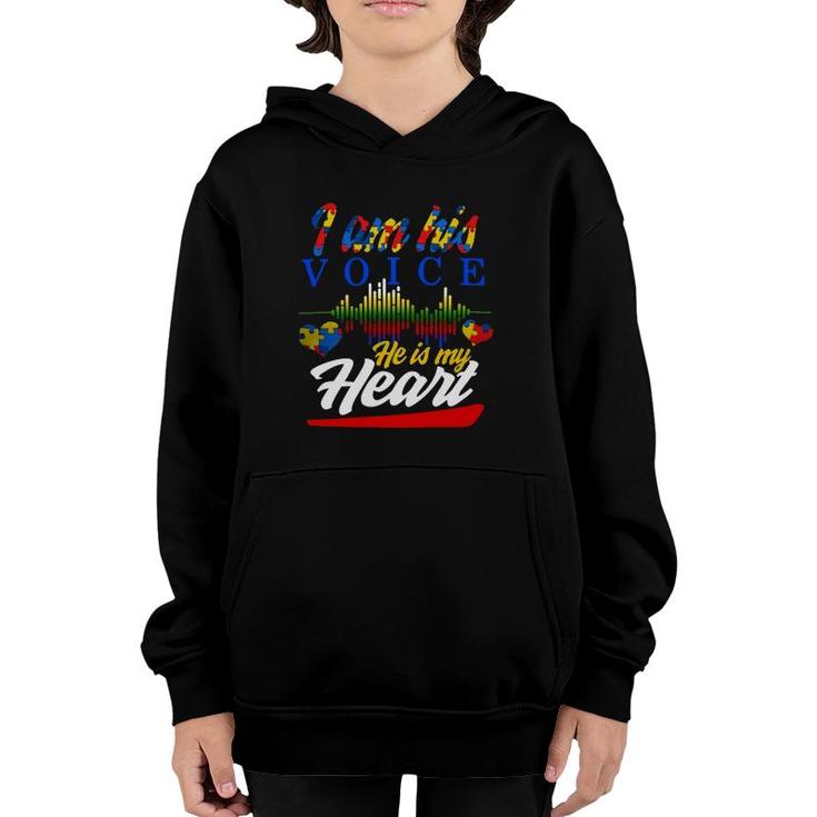 Autism I Am His Voice He Is My Heart Autism Awareness Gift Hearts Heartbeat Puzzle Pieces Women Mom D Puzzle Pieces Youth Hoodie