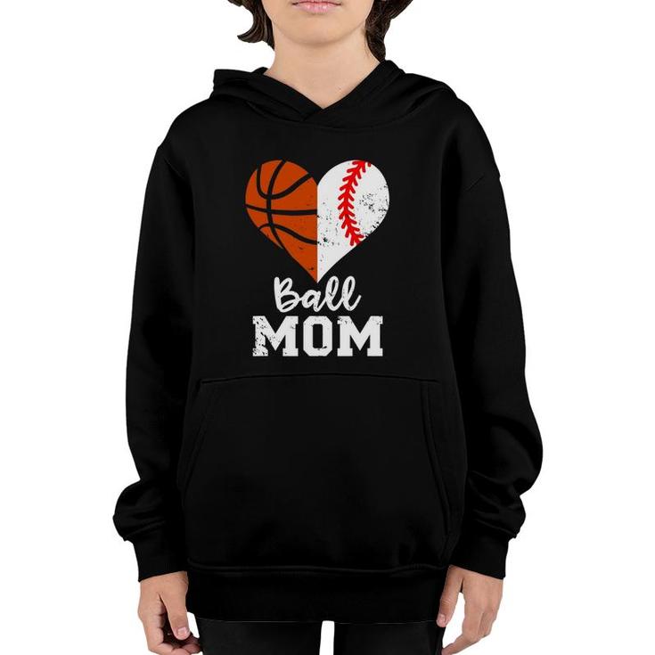 Ball Mom Heart Funny Baseball Basketball Mom Youth Hoodie