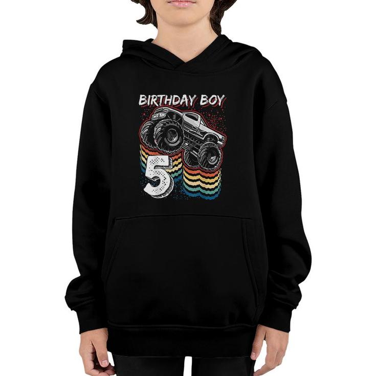 Birthday Boy 5 Monster Truck 5th Birthday Retro Vintage Gift Youth Hoodie
