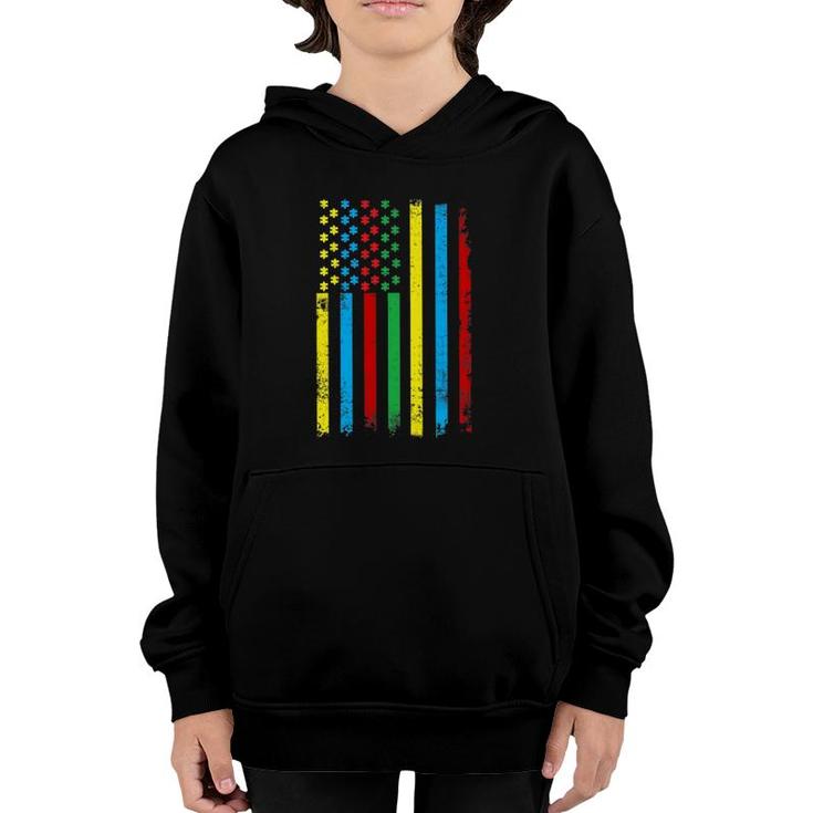 Colorful Usa Flag Puzzle Pieces World Autism Awareness Tee Youth Hoodie