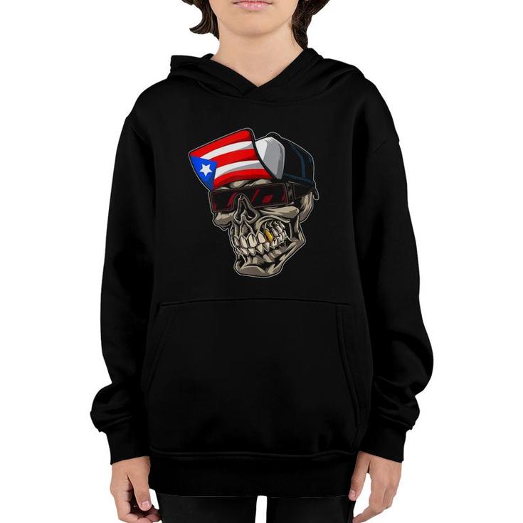 Cool Puerto Rican Skull With Cap And Puerto Rico Flag  Youth Hoodie