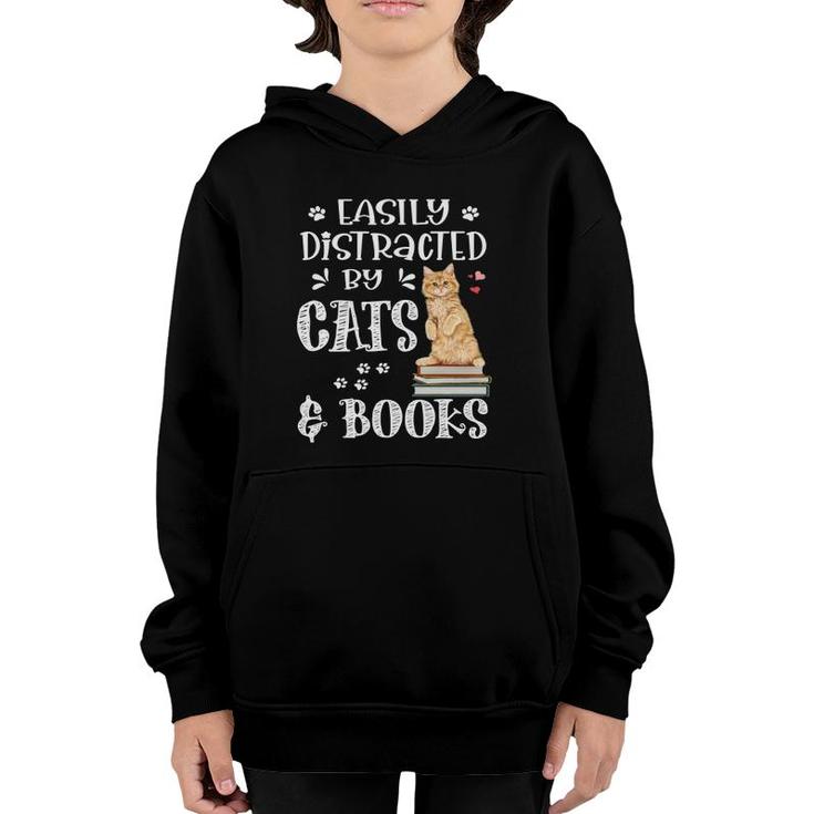 Easily Distracted Cats And Books Cat And Book Lovers Youth Hoodie