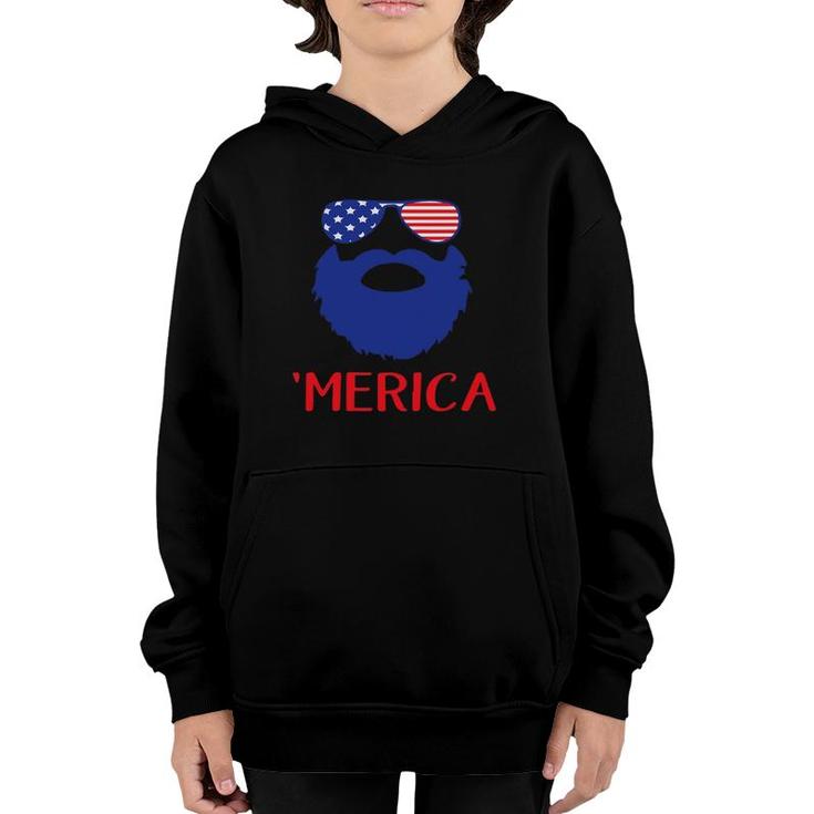 Funny Merica Beard Face And Sunglass Patriotic 4Th July Gift Youth Hoodie