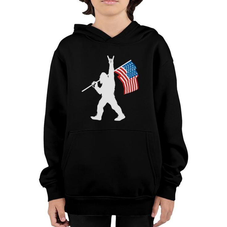Funny Sasquatch Rock And Roll Usa Flag For Bigfoot Believers Youth Hoodie