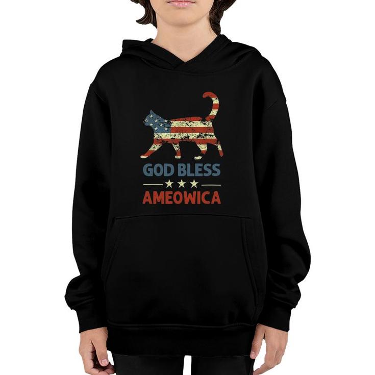 God Bless Ameowica Funny Patriotic Cat 4 July Stars Stripes Youth Hoodie