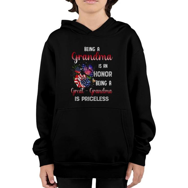 Grandmother Matching Family Being A Great Grandma Is Priceless Gift American Flag Flower Butterflies Youth Hoodie