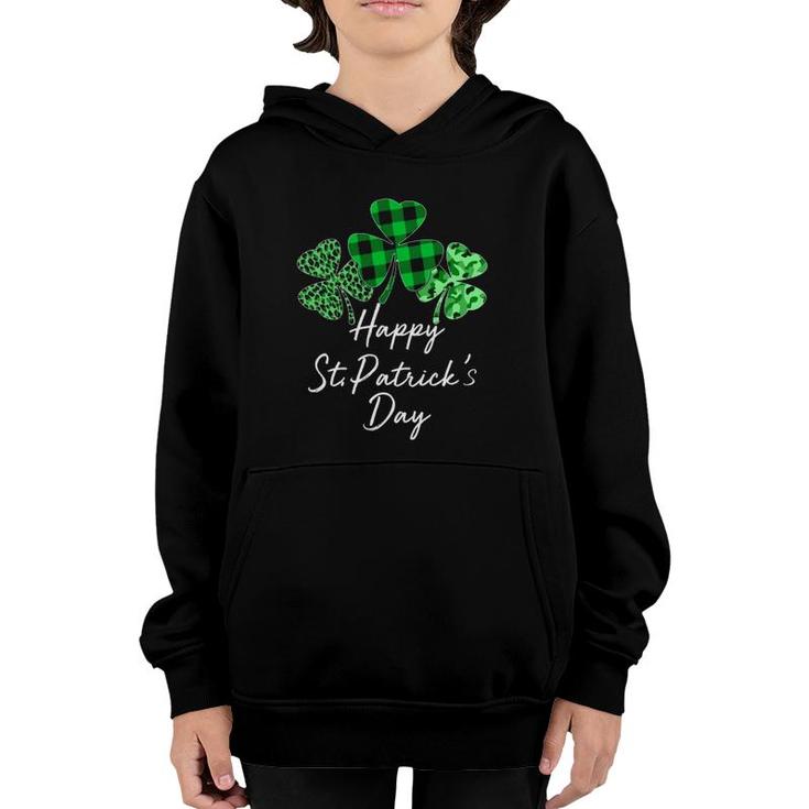 Happy St Patricks Day Plaid Shamrock Leopard Camouflage Gift Youth Hoodie