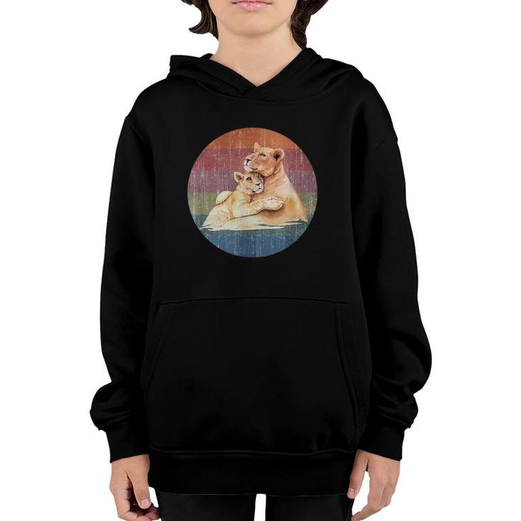 Lioness Lion Mom Baby Cub Watercolor On Distressed Sunset Youth Hoodie