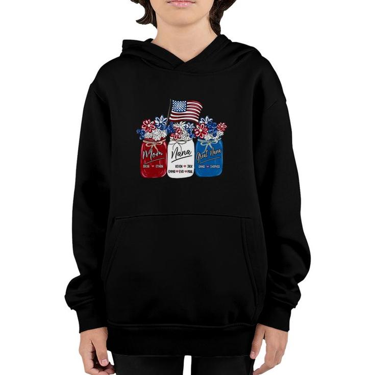 Mom Of Jacob, Ethan, Nana Of Kevin, Jack, Emma, Eva, Paul, Great Nana Of Anna, Shophia Mother's Day American Flag Floral Vases Youth Hoodie