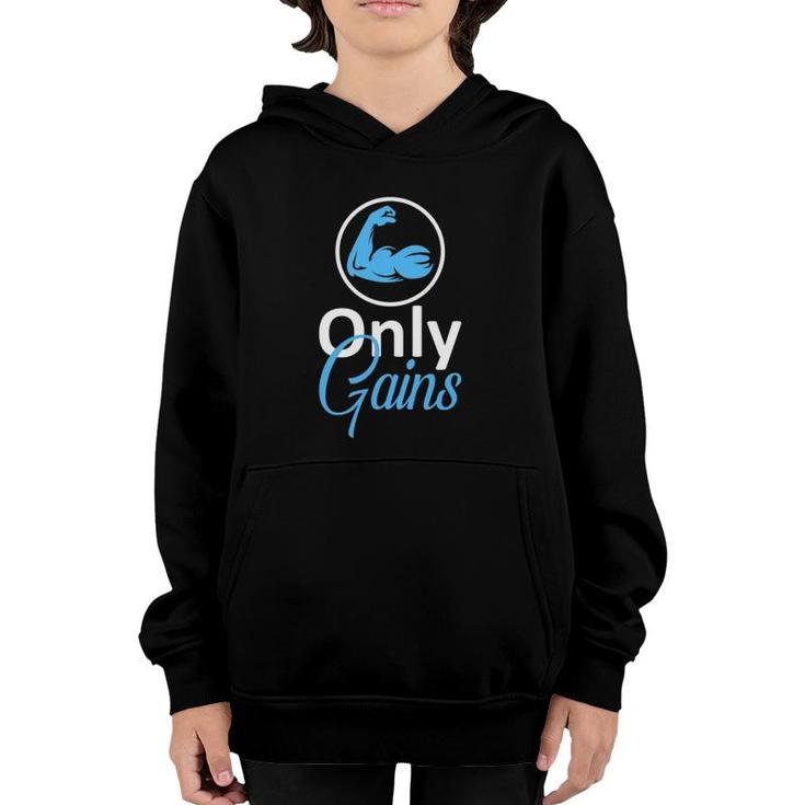 Only Gains Funny Gym Fitness Workout Parody Youth Hoodie