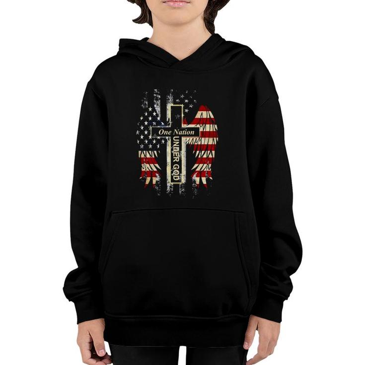 Patriotic One Nation Under God American Flag Faith Cross Youth Hoodie