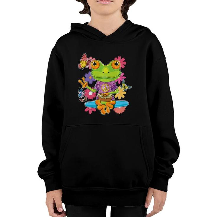 Peace Hand Sign Hippie Retro Trippy Colorful Frog 60S 70S  Youth Hoodie