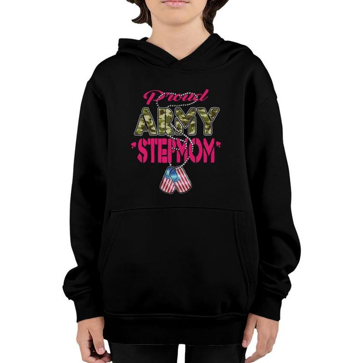 Proud Army Stepmom Us Flag Dog Tag Patriotic Military Mother  Youth Hoodie