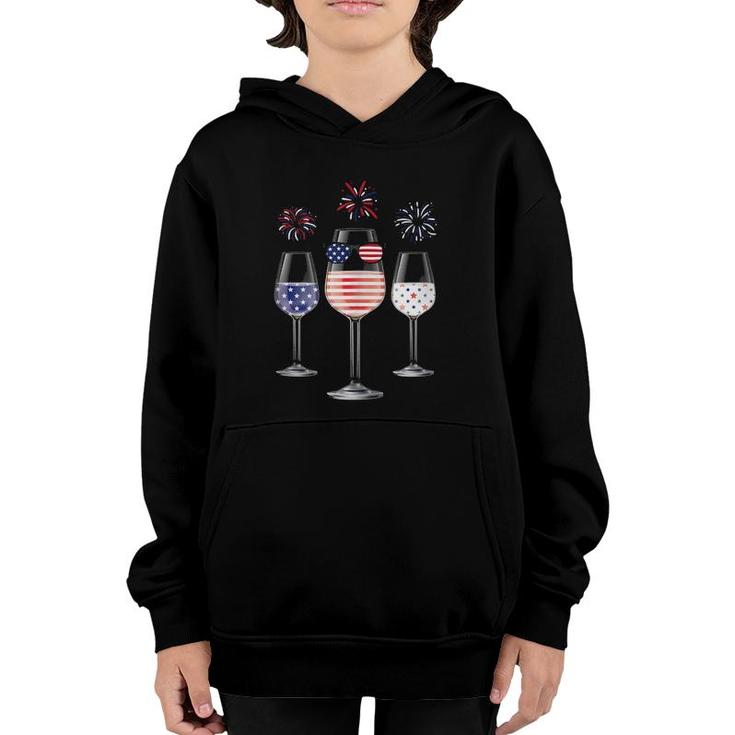 Red White Blue Wine Glasses American Flag Happy 4Th Of July  Youth Hoodie