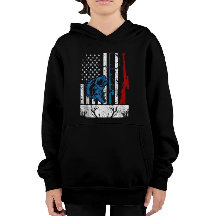 Retro Fishing And Hunting American Flag Deer Fish Lover Gift  Youth Hoodie