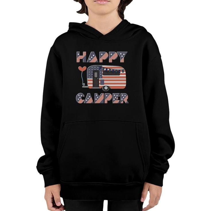 Usa Happy Camper Us Flag Patriotic 4Th Of July American Crew Youth Hoodie