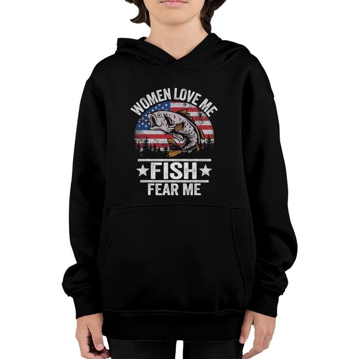 Women Love Me Fish Fear Me Men Vintage Funny Bass Fishing Youth Hoodie
