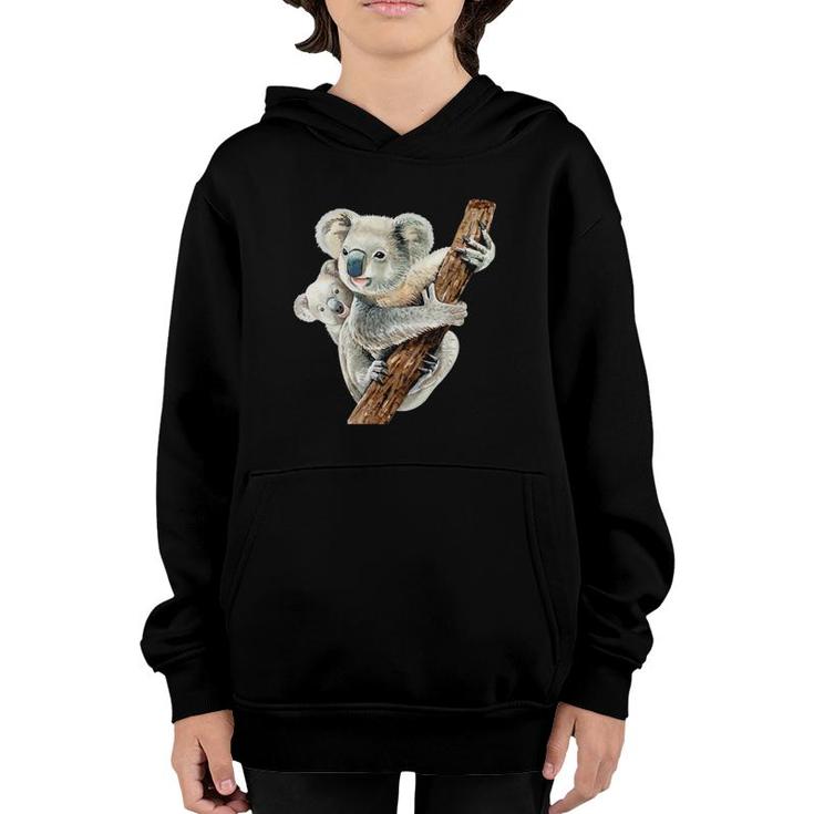 Womens Cute Koala Bear And Baby Realistic Watercolor V-Neck Youth Hoodie