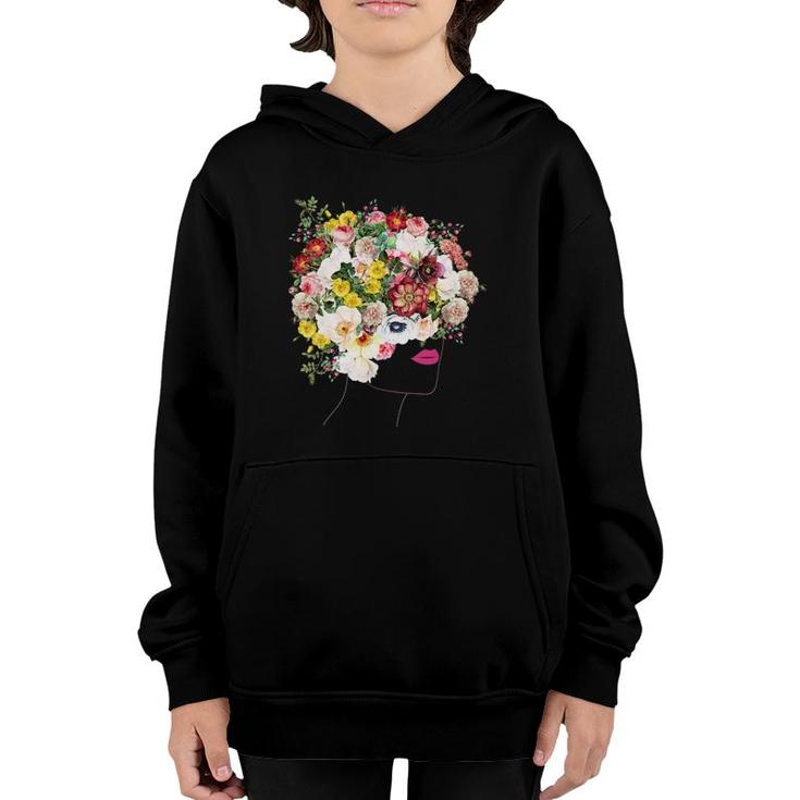 Womens Portrait With Floral Hair Botanical Inspired Flowers Graphic V Neck Youth Hoodie
