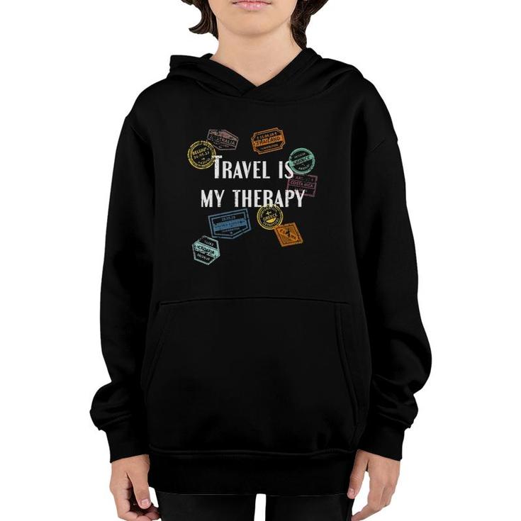 Womens Travel Is My Therapy Distressed World Traveler Passport V-Neck Youth Hoodie