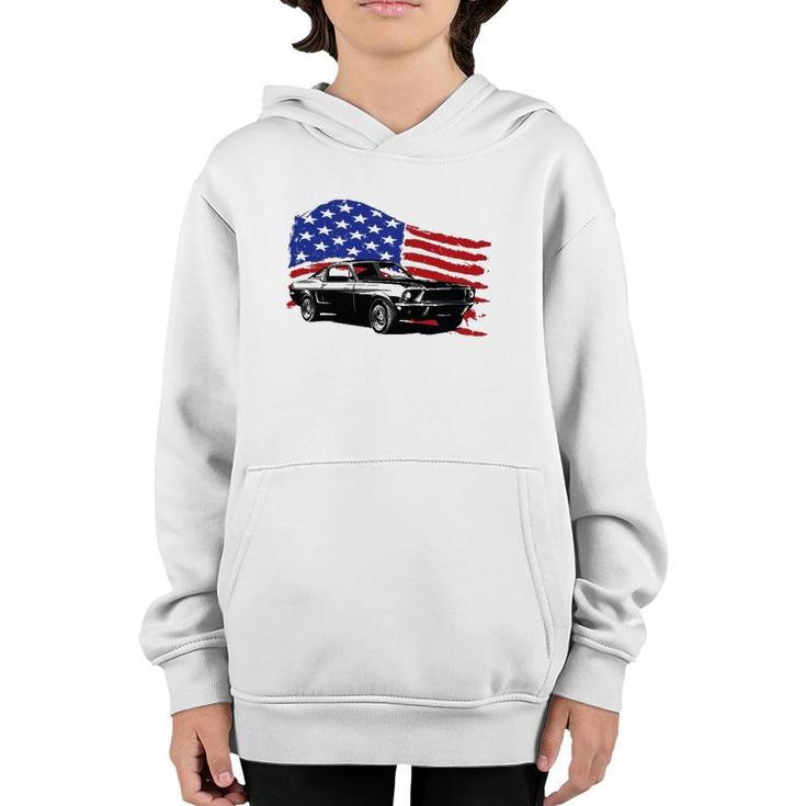 American Muscle Car With Flying American Flag For Car Lovers Youth Hoodie