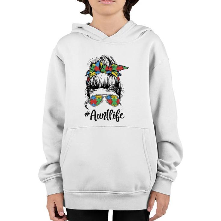 Autie Aunt Life Autism Awareness Messy Bun Girl Mother's Day Youth Hoodie
