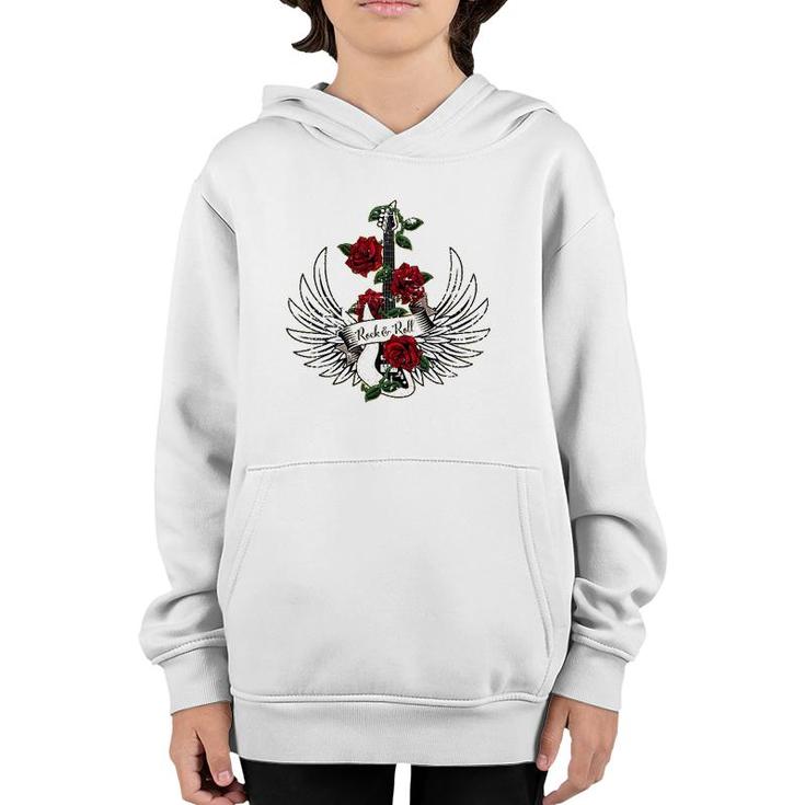 Bass Guitar Wings Roses Distressed Rock And Roll Design Youth Hoodie