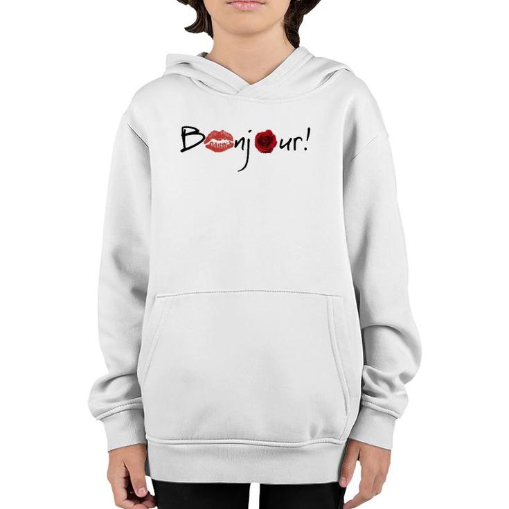 Bonjour Graphic With Lips And Rose Images Youth Hoodie