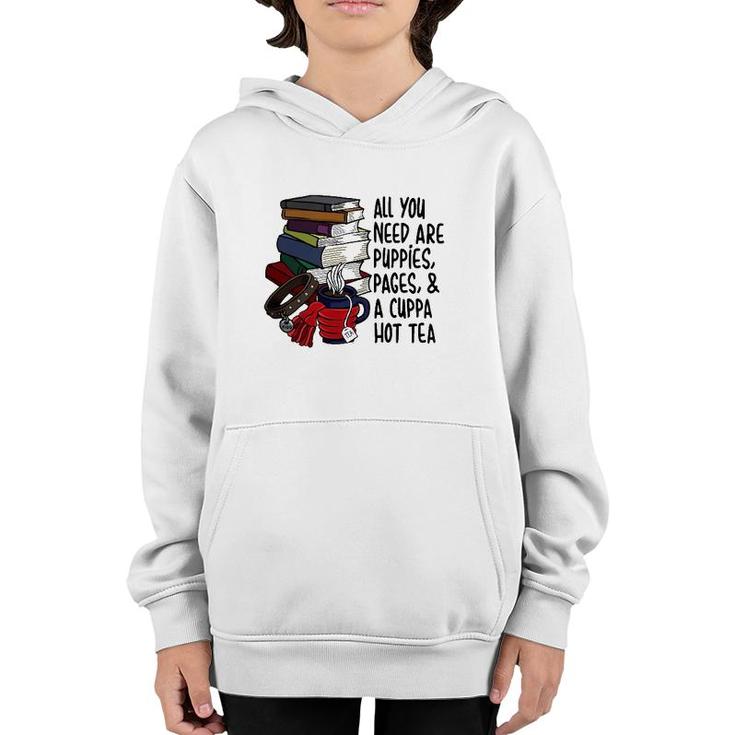 Book Reader Puppies Pages And Hot Tea Reading Library Youth Hoodie