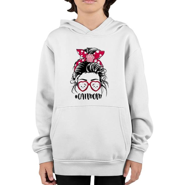 Cat Mom For Cat Faces Lovers Paw Print Heart Sunglasses Mother's Day Messy Bun Hair Polka Dots Bandana Youth Hoodie