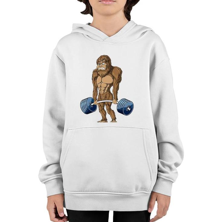 Deadlifting Sasquatch Bigfoot Weightlifting Workout Youth Hoodie