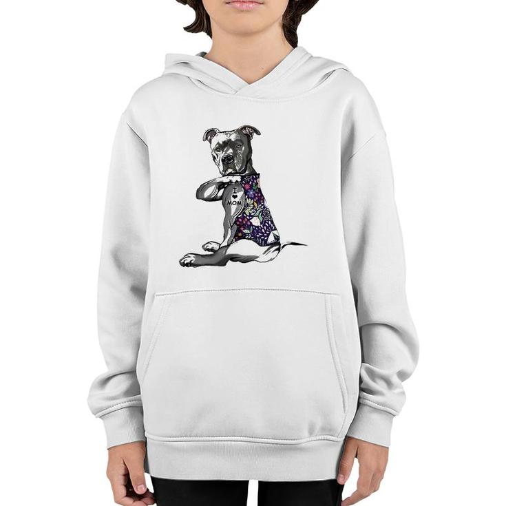 Flower Pitbull - I Love Mom Pitbull Tattoo Mother's Day Youth Hoodie