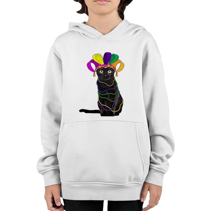 Funny Black Cat In Mardi Gras New Orleans Carnival Costume Youth Hoodie