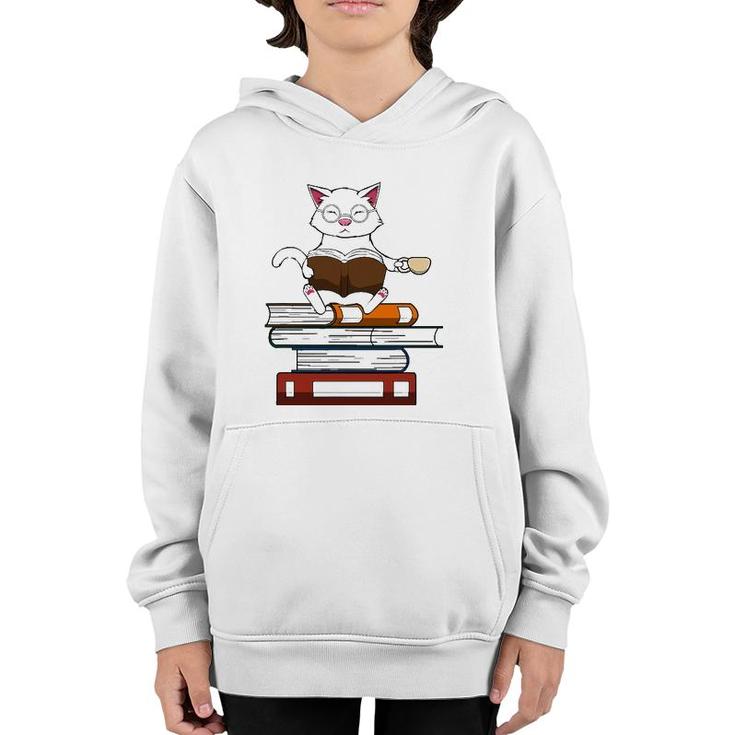 Funny Cat Kitty Reading Books Coffee Youth Hoodie