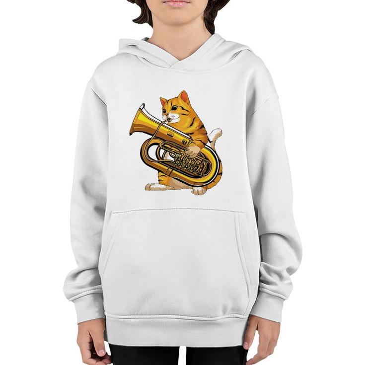 Funny Cat Playing Tuba Gift Cute Kitten Musician Fan Youth Hoodie