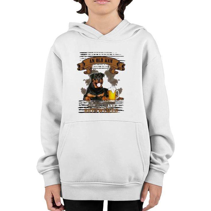 Happiness Is Old Man With Beer And A Rottweiler Sitting Near Youth Hoodie