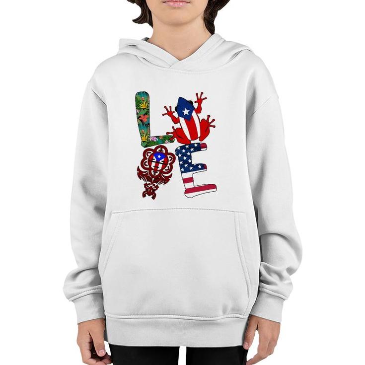 Love Puerto Rico Puerto Rican Flag Symbols Frog Atabey American Flag Floral Youth Hoodie