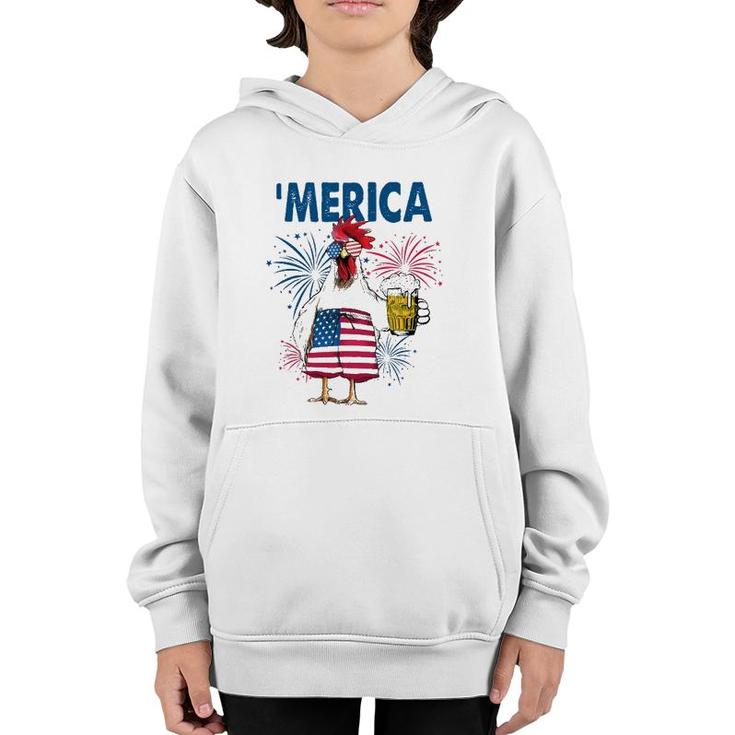 Merica Funny Chicken With Beer Usa Flag 4Th Of July Youth Hoodie