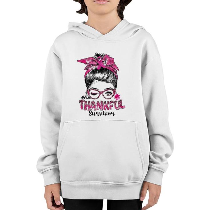 Messy Bun Mom One Thankful Survivor Breast Cancer Awareness Youth Hoodie