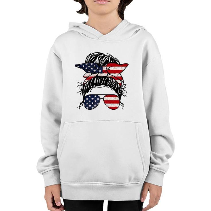 Messy Bun Usa Flag Glasses 4Th Of July Patriotic  Youth Hoodie