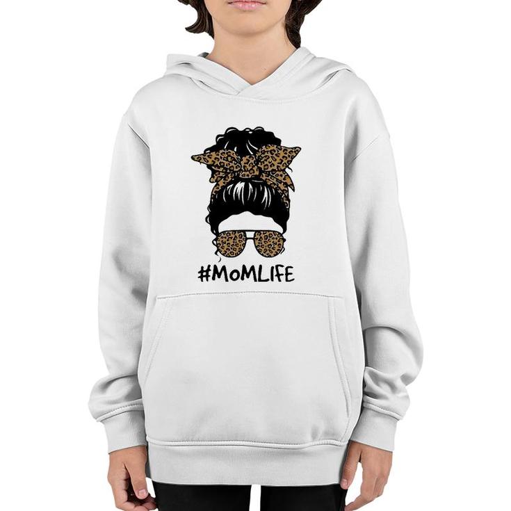 Mom Life Messy Bun Hair Leopard Plaid Momlife Mother's Day Youth Hoodie