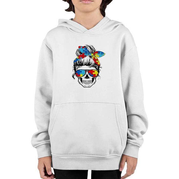 Mom Life Skull Tired Exhausted Autism Awareness Mama Womens  Youth Hoodie