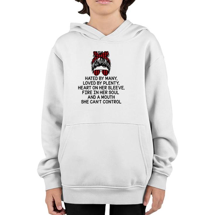 Nurse Hated By Many Loved By Plenty Heart On Her Sleeve Fire In Her Soul And A Mouth She Can’T Control Messy Bun Buffalo Plaid Bandana Youth Hoodie