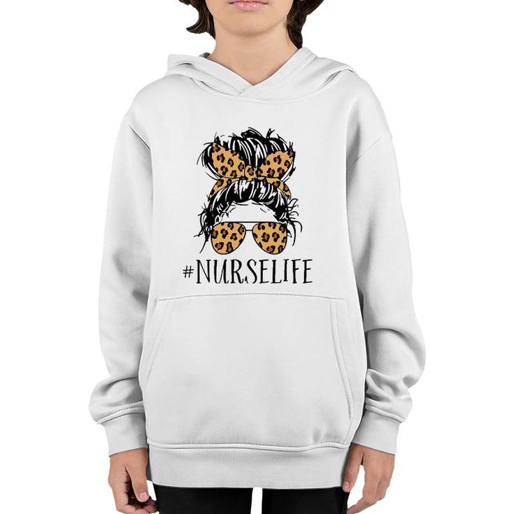 Nurse Life Messy Bun Leopard Youth Hoodie