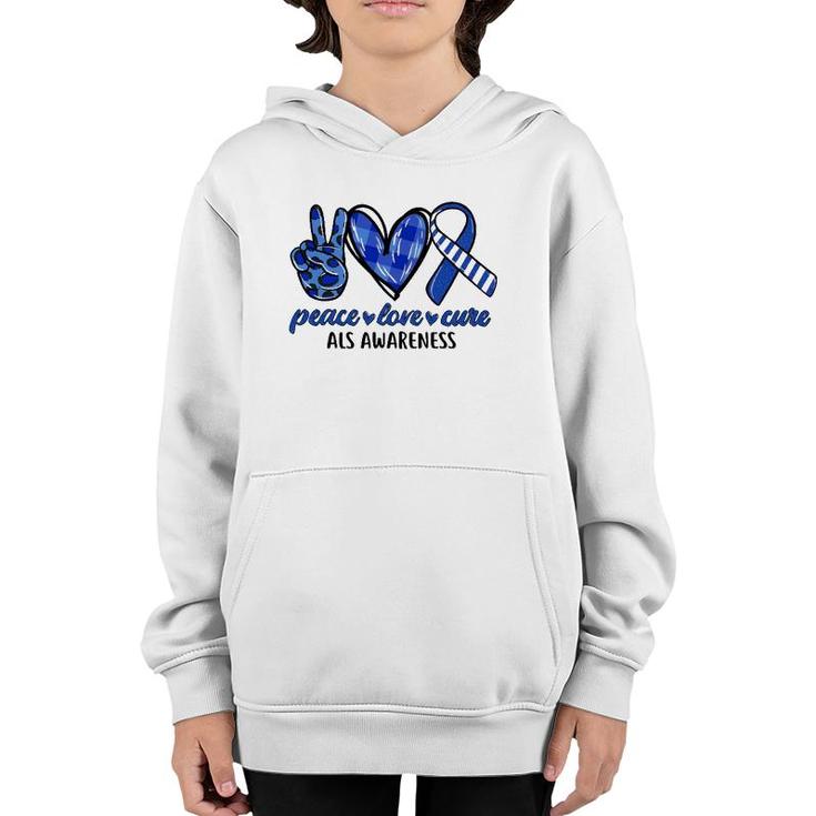 Peace Love Cure Blue & White Ribbon Als Awareness Month Youth Hoodie