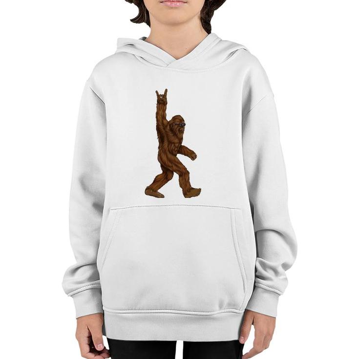 Rock On Bigfoot Sasquatch Loves Rock And Roll Sunglasses On Youth Hoodie