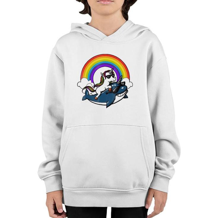 Unicorn Riding Narwhal Fish Magical Rainbow Youth Hoodie