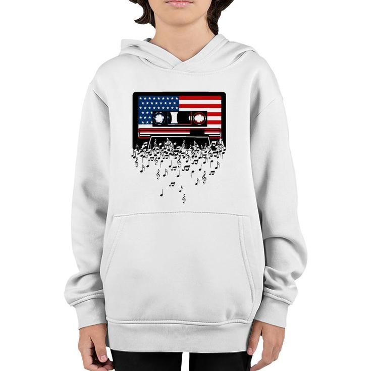 Usa American Flag Music Notes & Retro Cassette 4Th Of July Youth Hoodie
