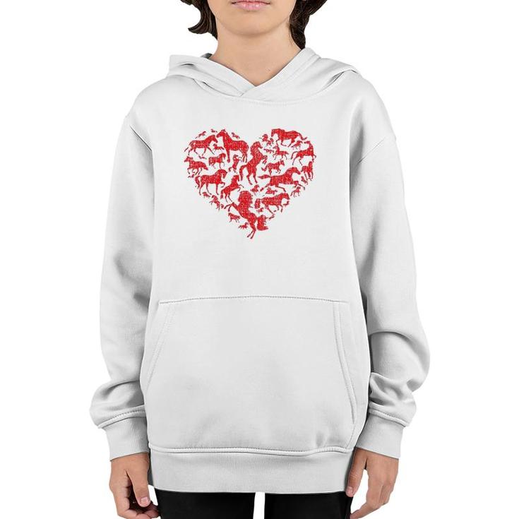 Valentine's Day I Love Horses Distressed Heart Equestrian Youth Hoodie