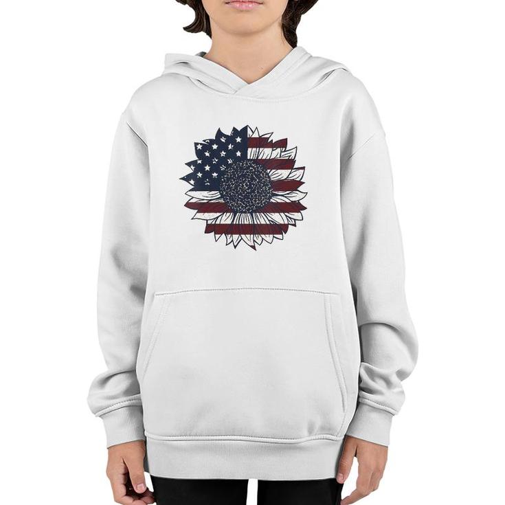 Vintage 4Th Of July Patriotic American Flag Sunflower V-Neck Youth Hoodie
